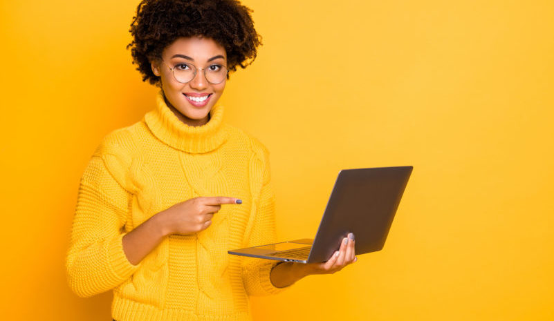Remore work concept. Photo of clever experienced girl looking for teacher tutor on web-page want to learn study via internet and recommend you to do the same holding using netbook isolated background